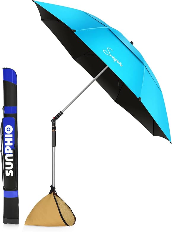 Sunphio Sonnenschirm Strand,UV Schutz und Winddicht, Leicht f&uuml;r Reise, Sport, Picknick und Mehr, 2 Metall Bodenh&uuml;lse, 1 Gro&szlig;e Tragetasche, 360 &deg; Neigbarer Sand Sonnenschirm f&uuml;r den Strand (Blau)